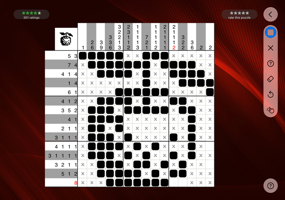 Nanogram HD on an open iPhone Duo: a full puzzle board with tools in the side bar
