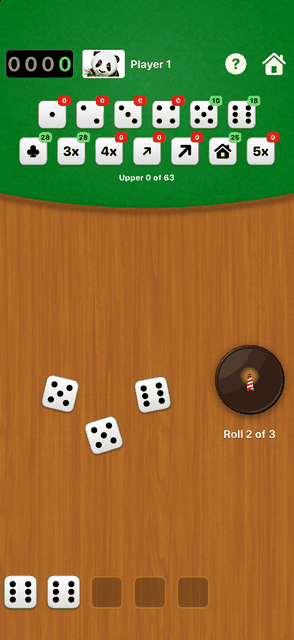 Droptzee screenshot: A Classic game on roll 2 of 3, with two dice kept in the tray