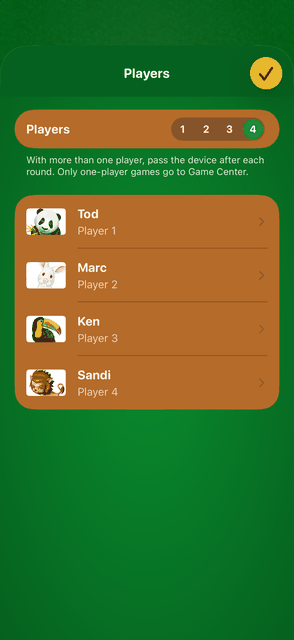 Droptzee screenshot: Players screen with four players for Pass and Play