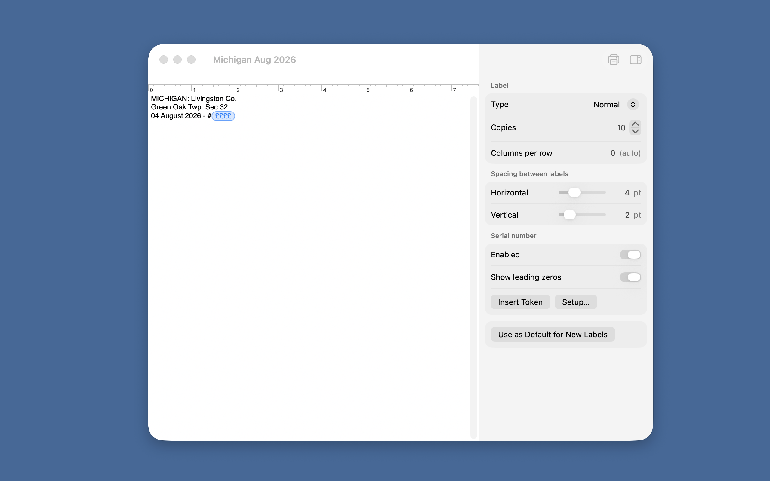 EntoPrint label editor with settings inspector