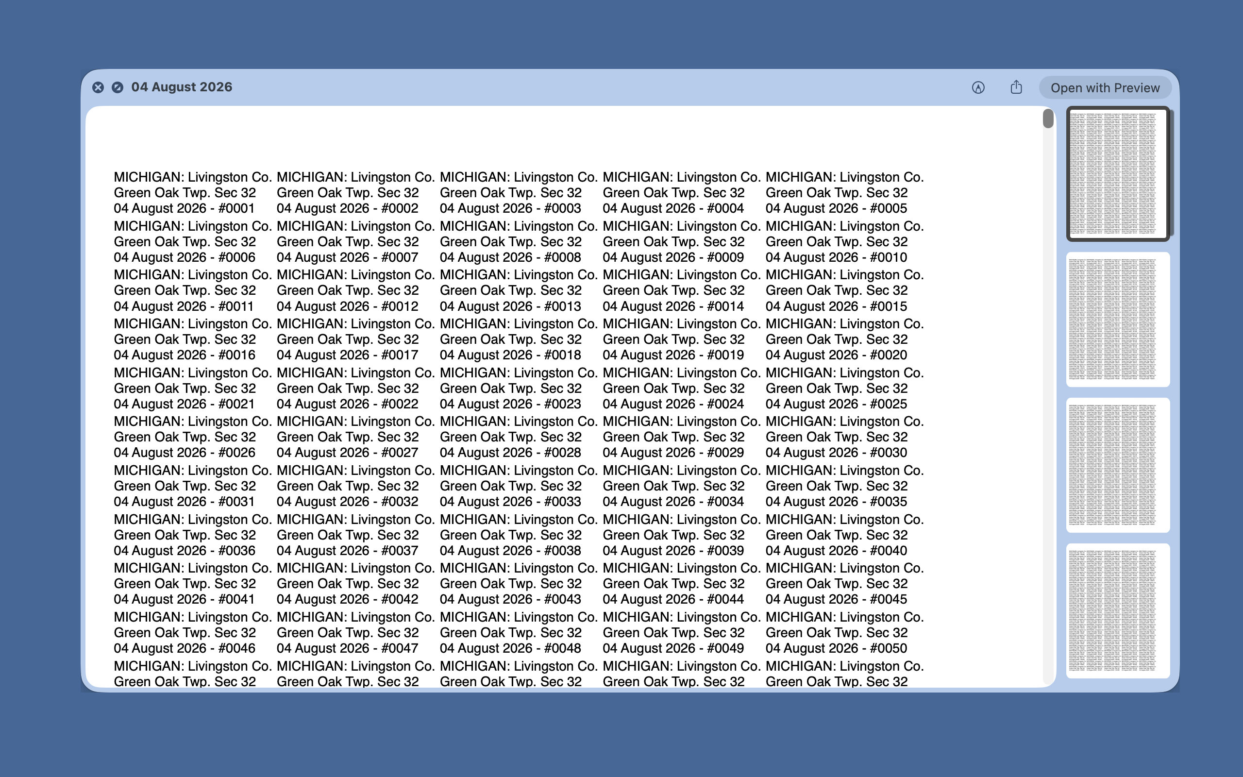 EntoPrint print preview with serial-numbered labels