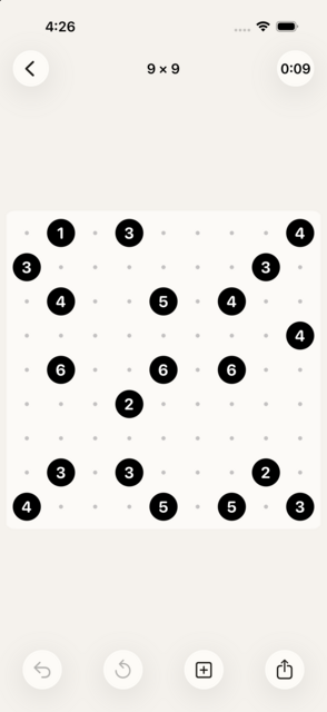 Hashi screenshot: A new 9 by 9 puzzle with numbered islands