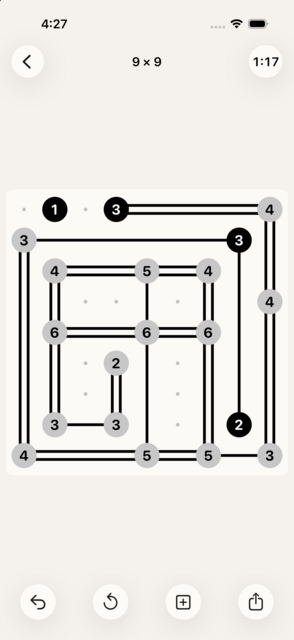 Hashi screenshot: A 9 by 9 puzzle with bridges connecting the islands